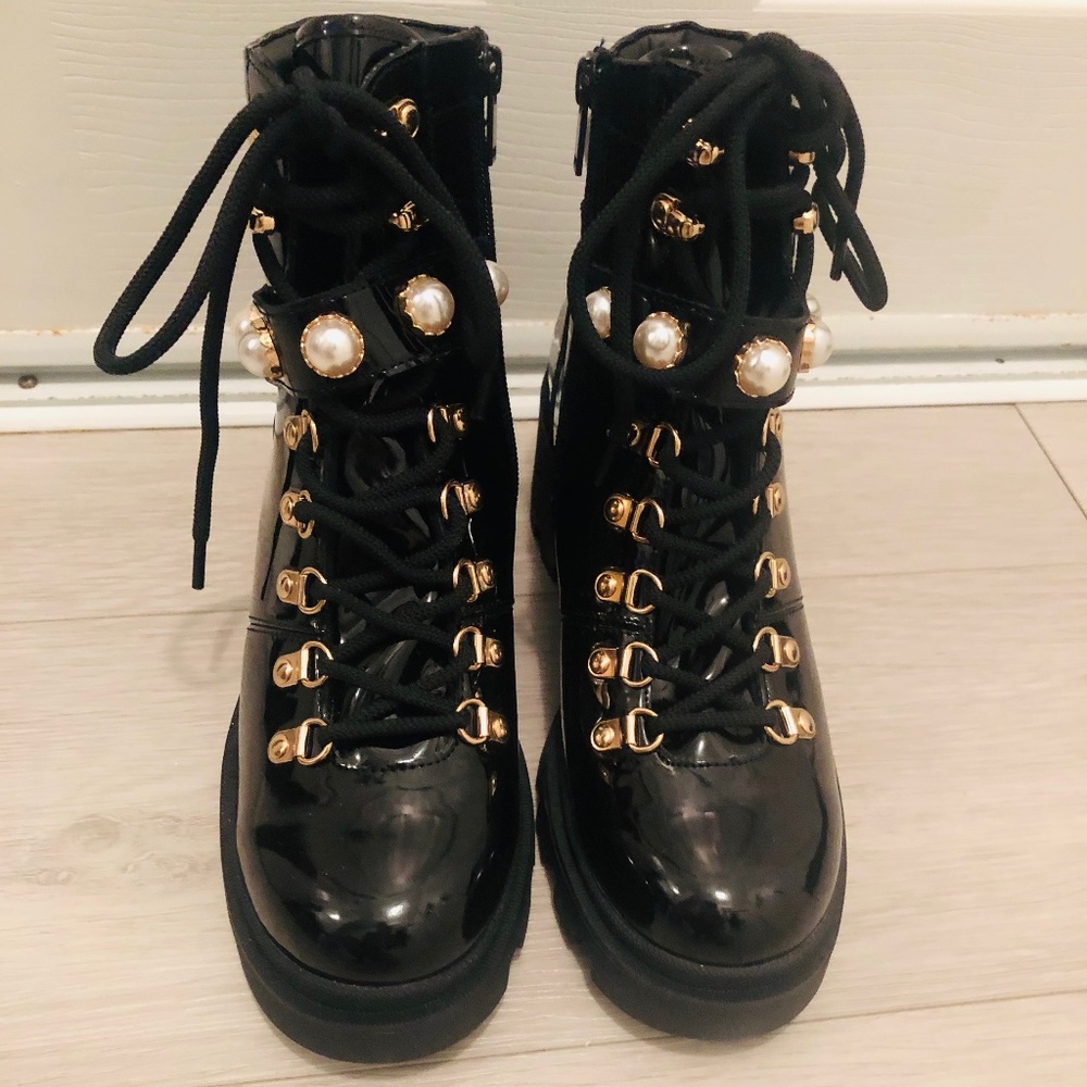 Black patent leather ankle boots